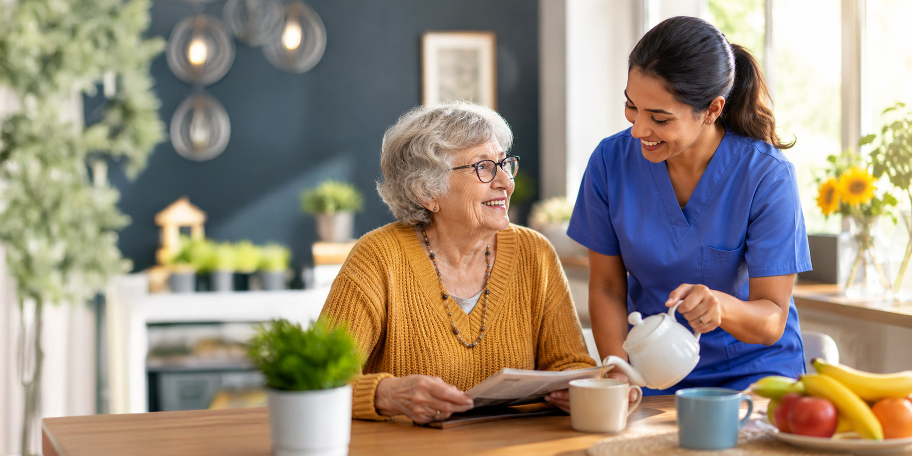 Professional homecare worker supporting an elderly person in their own home in Yeovil.