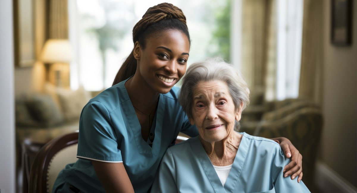 An in home caregiver providing companionship care to elderly women.